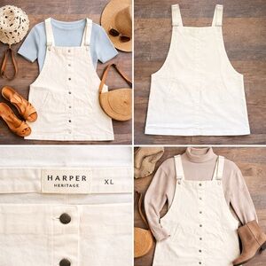 Harper Heritage White Overall Dress XL Button Front Pinafore Neutral Cottagecore